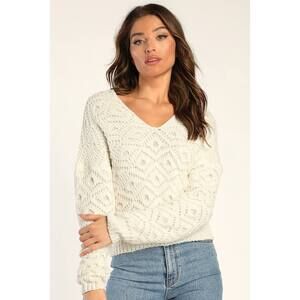 Lulus Cloudy Day Cutie Ivory Chenille Loose Knit Sweater White - Size M